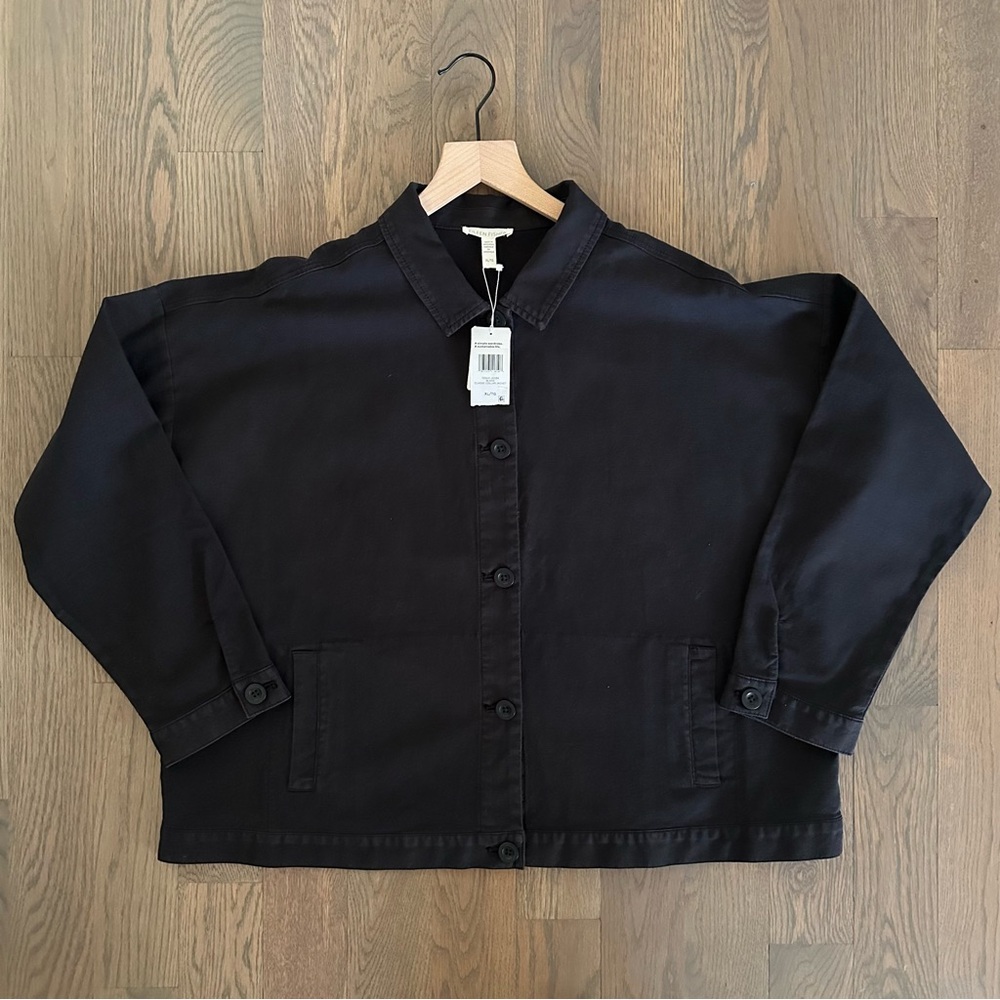 NWT Eileen Fisher Classic Collar Jacket in Cotton Hemp Stretch in Black Size XL